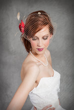 Load image into Gallery viewer, Retro Inspired Bandeau Veil with Fabric Flower ,Feathers and Vintage Inspired Brooch