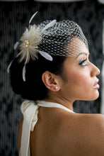 Load image into Gallery viewer, Basic Side Gather Birdcage Veil with Hackle Feather Circle with Stripped Couqe feathers and pearl brooch.
