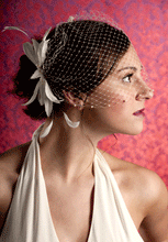 Load image into Gallery viewer, Pearl Bandeau Birdcage Veils with Leaves with Pearl and Coque Feather Accent