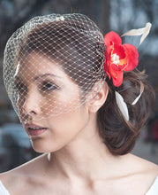 Load image into Gallery viewer, French net Champange birdcage bandeau veil. #CO194 Rose petal Flower with stripped Coque feathers and vintage style brooch