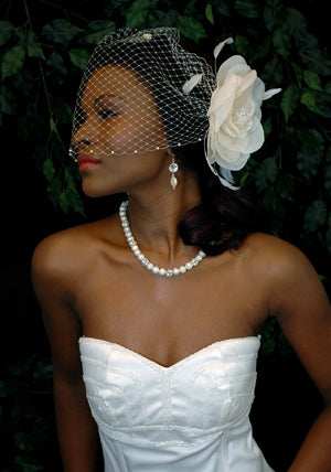 Pearl Bandeau Birdcage Veil with Large Silk and Organza Flower with Coque Feathers