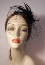 Load image into Gallery viewer, Bridal Silk Cap Fascinator with Face veil and Feathers