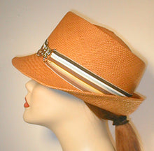 Load image into Gallery viewer, Tear Drop Panama Fedora with Stripped Grosgrain Band and Silver Butterfly Buckle