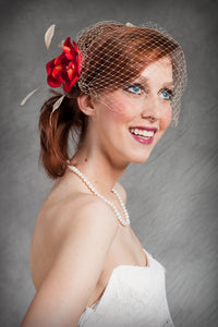Retro Inspired Bandeau Veil with Fabric Flower ,Feathers and Vintage Inspired Brooch