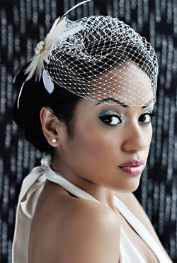Basic Side Gather Birdcage Veil with Hackle Feather Circle with Stripped Couqe feathers and pearl brooch.