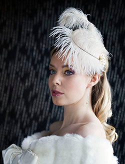 Double Ostrich Feathers with Pearl Brooch Accent.