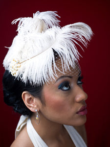 Basic Side Gather Veil with Double Ostrich Feathers With Pearl Brooch Accent