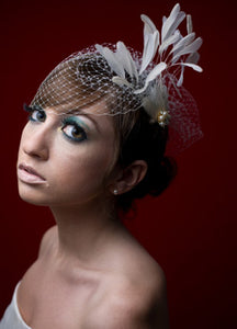 Basic Side Gather Veil with Stripped Coque ,Coque Feathers  Pearl Accent