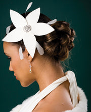 Load image into Gallery viewer, Velour Cocktail Flower with Swarovski Crystal Brooch and Stripped Coque Feathers.