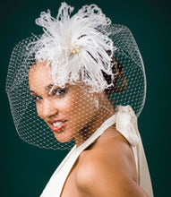 Load image into Gallery viewer, Birdcage Full Face High Fashion Veil with Vintage Ivory Ostrich Feathers with Gold Vintage Inspired Brooch with Pearls and Feathers.