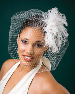 Birdcage Full Face High Fashion Veil with Vintage Ivory Ostrich Feathers with Gold Vintage Inspired Brooch with Pearls and Feathers.