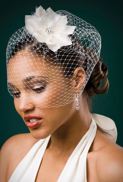 Basic Fly Away Birdcage Veil with Triangle Pointed Feather Flower with Crystal Brooch Center .