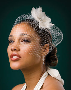 Basic Fly Away Birdcage Veil with Triangle Pointed Feather Flower with Crystal Brooch Center .