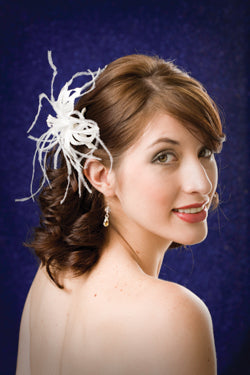 Satin Flower with Pearly Stamen and Cut Out Leaves Accented with Ostrich Wisps