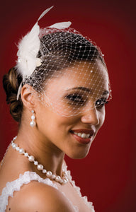 Basic Side Gather Birdcage Veil with Scattered Crystals and Feather with Vintage Style Rhinestone Brooch