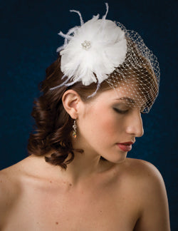 Basic Side Gather Birdcage Veil with Circular Feathers with Ostrich Flyaway's and Rhinestone Brooch