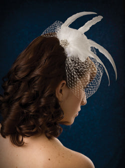 Basic Side Gather Birdcage Veil with Feather Plumes , Long Coque Feathers and Rhinestone Brooch.