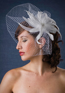 High Fashion Scallop Birdcage Veil with Coque Feathers with Rhinestone Brooch Center