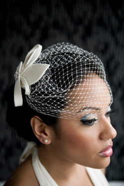 Basic Side Gather Veil with Velour Sculptured Fascinator with Rhinestone Brooch