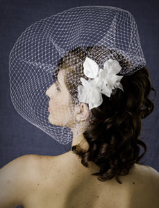 Scallop Birdcage Veil with Double Silk and Organza Flowers with Pearly Stamens