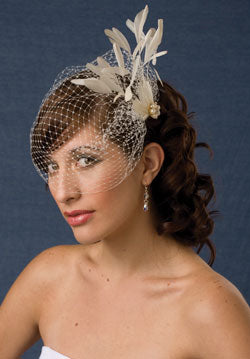Basic Side Gather Veil Stripped Coque with Coque Feathers and Pearl Accent.