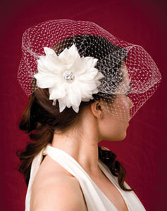 Long Basic Side Gather Veil with Silk and Organza Flower with Vintage Style Rhinestone Brooch