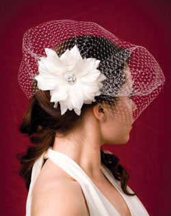 Long Basic Side Gather Veil with Silk and Organza Flower with Vintage Style Rhinestone Brooch