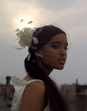 Swarovski Crystal Bandeau Birdcage Veil with Silk Flower Loaded with Feathers