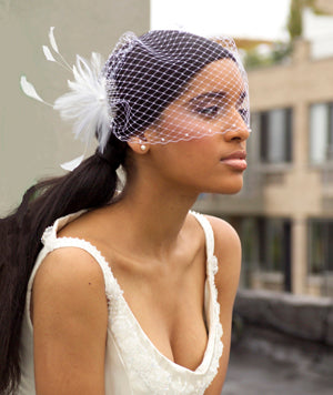 Swarovski Crystal Bandeau Birdcage Veils with Feather Cocktail Piece
