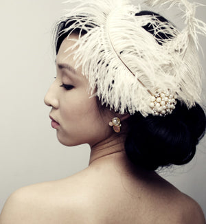 Double Ostrich Feathers with Pearl Brooch Accent