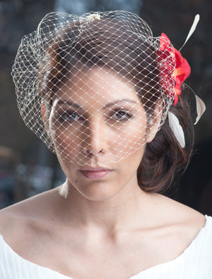 French net Champange birdcage bandeau veil. #CO194 Rose petal Flower with stripped Coque feathers and vintage style brooch