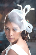 Load image into Gallery viewer, Horsehair Fascinator with Stripped Coque Feathers and Vintage Inspired Brooch