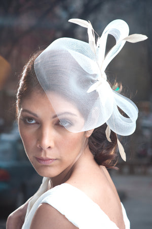 Horsehair Fascinator with Stripped Coque Feathers and Vintage Inspired Brooch