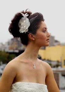 Plain Eye Catcher Birdcage Veil with Silk Flower with Flatback Pearls and coque feathers