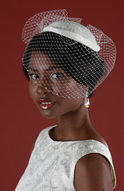 Bridal Cap with Birdcage Veiling and Pouf with Crystal Edging
