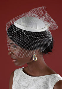 Bridal Cap with Birdcage Veiling and Pouf with Crystal Edging