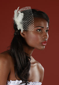 Feather and Birdcage Pouf Fascinator with Crystals and Vintage Inspired Crystal Brooch.