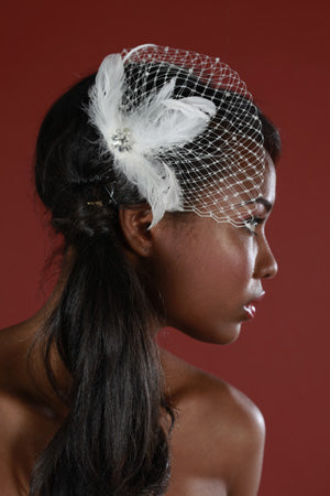 Feather and Birdcage Pouf Fascinator with Crystals and Vintage Inspired Crystal Brooch.