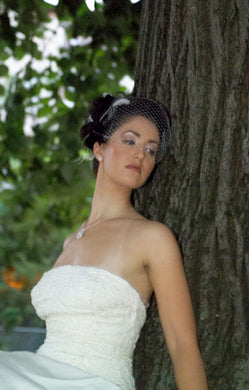 Velour Freeform Cocktail Hat with Coque Feathers. In Black with White and Basic Bandeau Birdcage