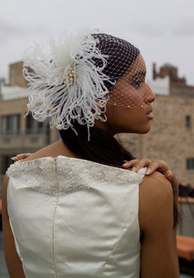 Pearl Bandeau Birdcage Veil Vintage Ivory Ostrich Feathers Cocktail Piece