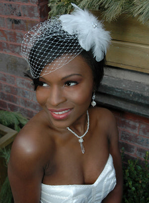 Side Gathered Birdcage Veil with Feather Accent