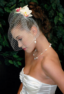 Plain Blusher Birdcage Veil with Double White Orchid Hair Flower