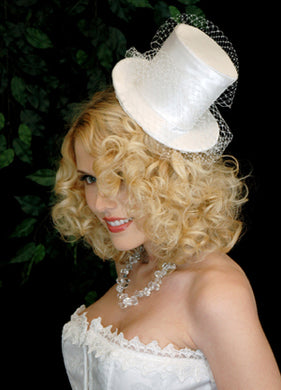 Mini Bridal Satin Cocktail Hat with Netting and Vintage Accent.