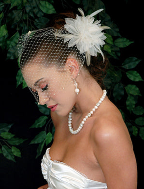 Pearl Bandeau Birdcage Veil with Organza Flower with Coque Feathers