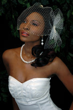 Load image into Gallery viewer, Pearl Bandeau birdcage veils with Birdcage Pouf Netting with Hand beaded Knotted and Draped Pearl Accent