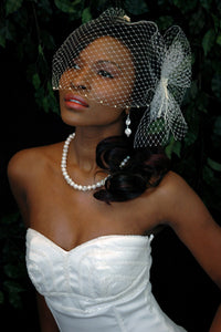 Pearl Bandeau birdcage veils with Birdcage Pouf Netting with Hand beaded Knotted and Draped Pearl Accent