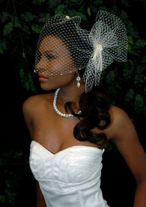 Pearl Bandeau birdcage veils with Birdcage Pouf Netting with Hand beaded Knotted and Draped Pearl Accent