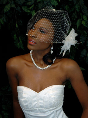 Pearl Bandeau Birdcage Veil with Organza Flower with Hackle Feathers