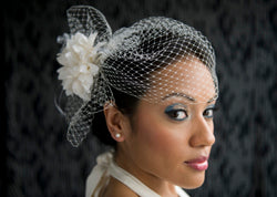 Basic Side Gather Veil with Pouf and Silk Flower with Hackle Feathers.