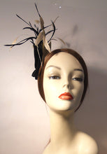 Load image into Gallery viewer, Two Tone Velour Fascinator with Coque and Biot Feathers and Vintage Style Brooch